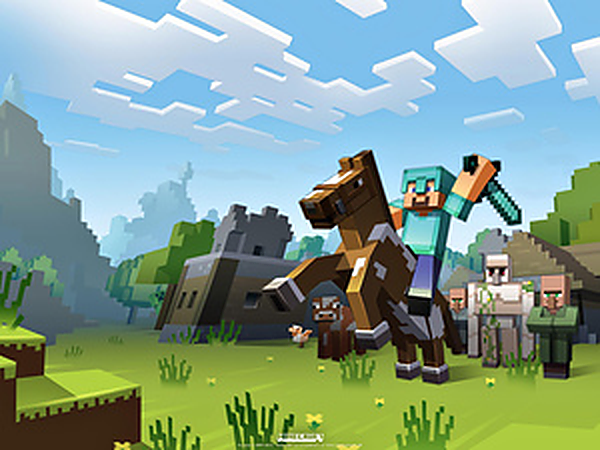 Steve riding a horse in the Minecraft 1.6 Horse Update promotional art